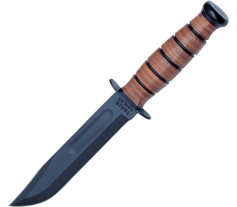 Ka-Bar Short USA, Plain Edge Fixed Blade,1095 Carbon Steel Blade, stacked leather handle