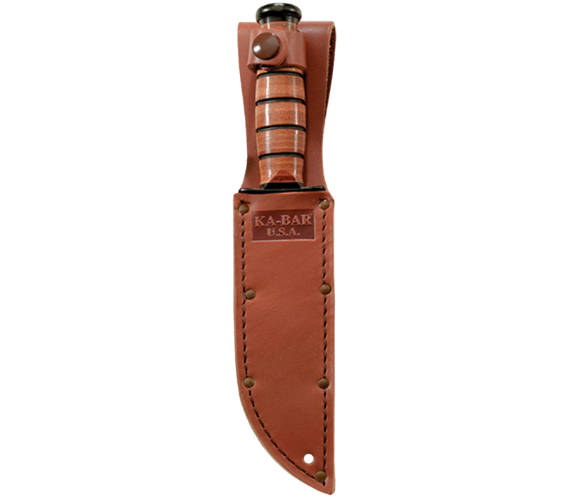 Ka-Bar Short USA, Plain Edge Fixed Blade,1095 Carbon Steel Blade, stacked leather handle