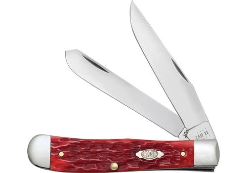 Case & Sons Cutlery Co. Case Cutlery Trapper with a pocket clip and red jigged bone handle and a carbon steel (CV) blade