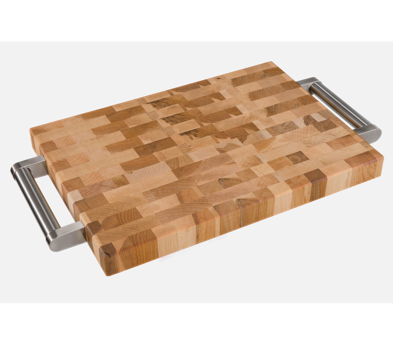 Labell End-Grain Butcher Block with Stainless Steel Handles and Rubber Feet