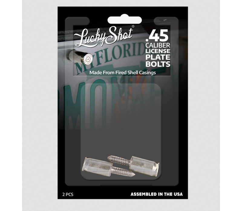 LSPS-45N--Lucky Shot, .45 Caliber Bullet License Plate Fasteners (2 Pcs) - Nickel