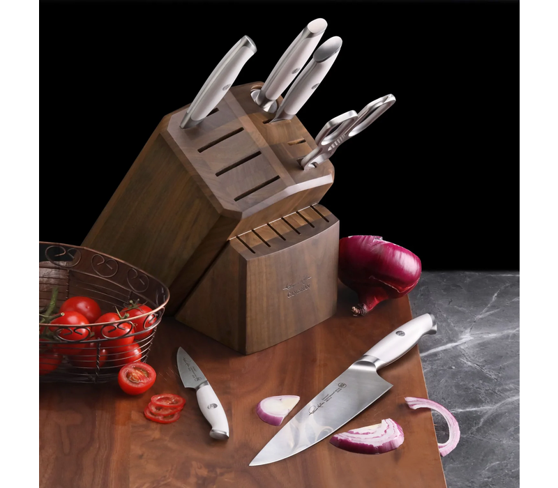 Cangshan Thomas Keller Signature - Set 7 Coltelli Da Chef In Acciaio Svedese Powder Steel Con Blocco In Noce, Bianco, NSF Certificato