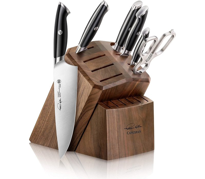 Cangshan Thomas Keller 7pc Block Set Black Handles, Walnut Block