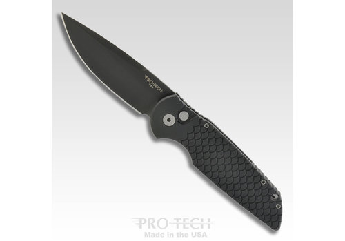 Pro-Tech Knives, LLC Pro-Tech, Tactical Response 3 (TR-3) with black handle and fish scale engraved frame.  Black DLC 154-cm plain edge blade