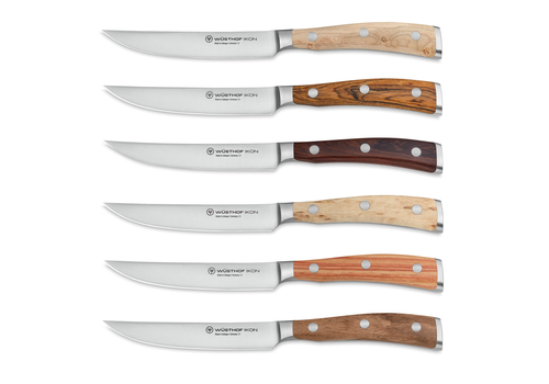 Wusthof Wusthof Ikon Plain Edge 6 Pc. Steak Knife Set- Mixed Wood Handles in Leather Roll