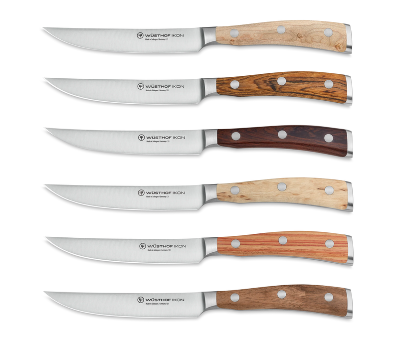 Wusthof Ikon Plain Edge 6 Pc. Steak Knife Set- Mixed Wood Handles in Leather Roll