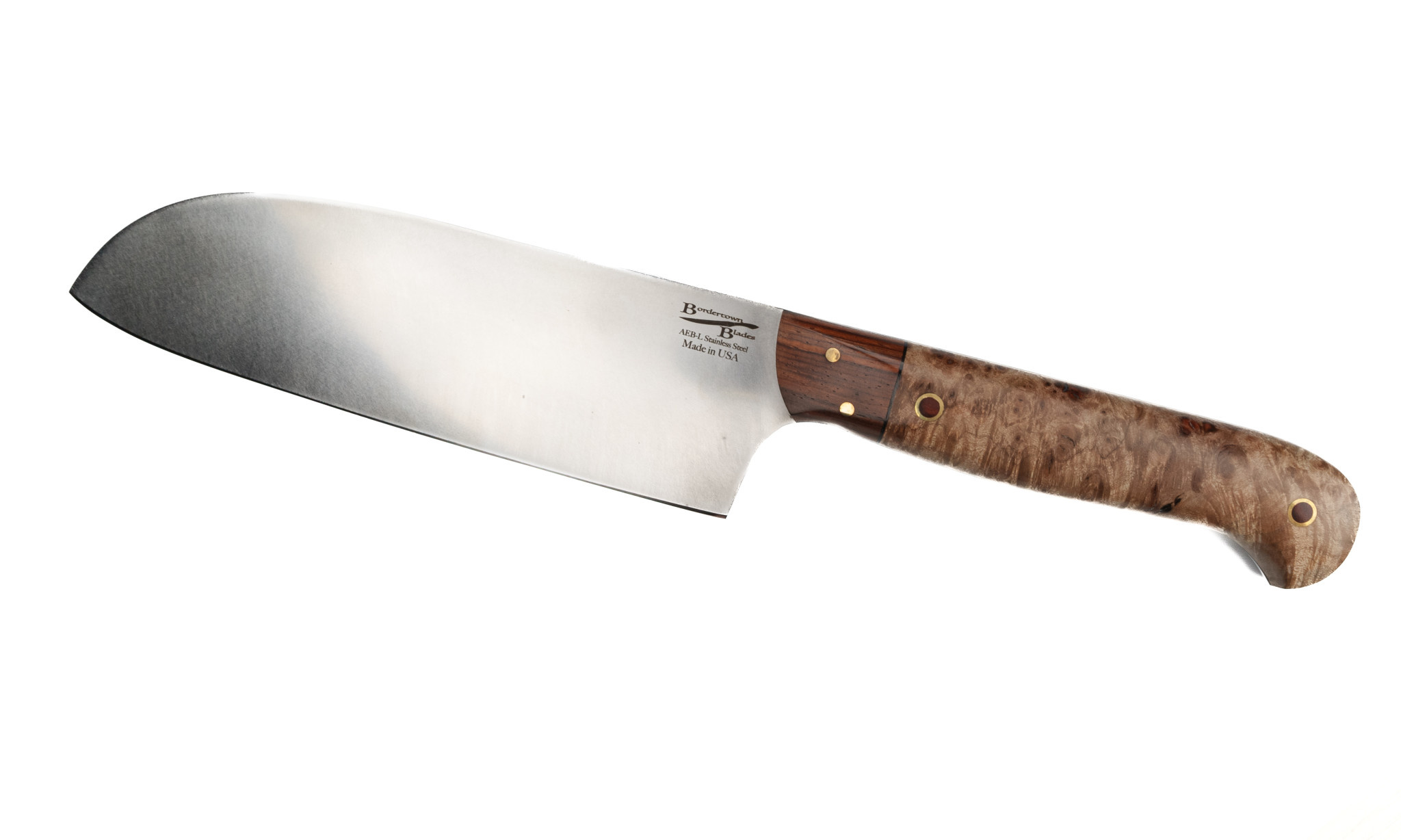bordertown blades custom santoku knife burled maple handle aeb l steel