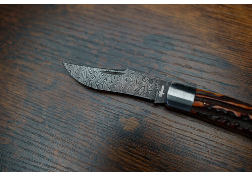 Wendell Halfmann (CONSIGNMENT) 111023700--Halfmann, Single Blade Damascus Stag Horn Handle Amber Dye