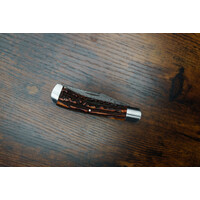 (CONSIGNMENT) 111023700--Halfmann, Single Blade Damascus Stag Horn Handle Amber Dye
