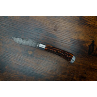 (CONSIGNMENT) 111023700--Halfmann, Single Blade Damascus Stag Horn Handle Amber Dye