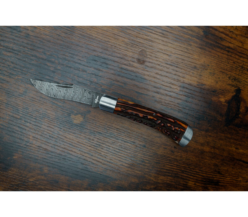 (CONSIGNMENT) 111023700--Halfmann, Single Blade Damascus Stag Horn Handle Amber Dye
