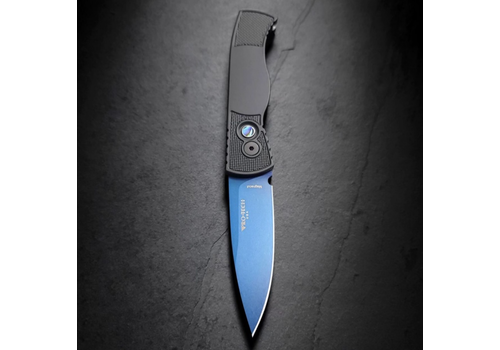 Pro-Tech Knives, LLC T203-SB--Pro-Tech, Tactical Response 2, Sapphire Blue Blade and Black Aluminum Handle with Abalone Button