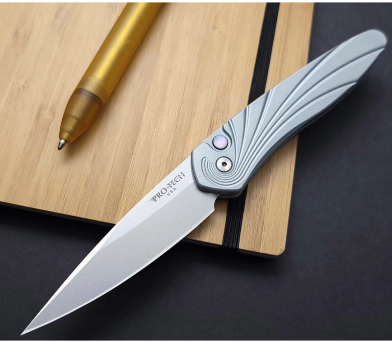 3436-Grey--Pro-Tech, Newport Auto, Special Grey Handle with 3D Wave Pattern, MOP Button and Stonewash Blade