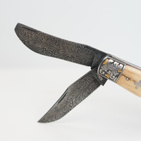 (Consignment) 0506242200 --Halfmann, Double Blade Mammoth Handle Jim Poor Feather Damascus