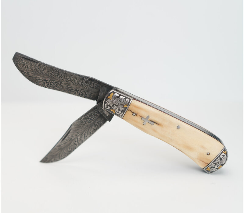 (Consignment) 0506242200 --Halfmann, Double Blade Mammoth Handle Jim Poor Feather Damascus