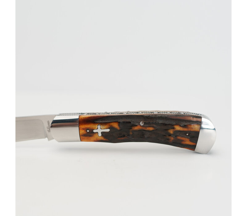 (CONSIGNMENT) 050624750--Halfmann, Single Blade w/ CPM 154 Amber Stag Handle and File Work