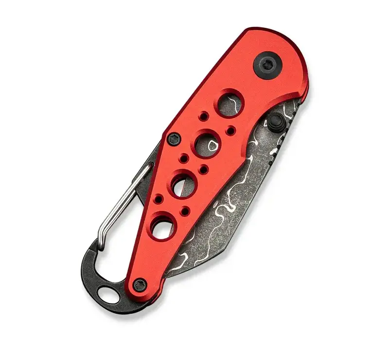 Civivi Pragma, Red Aluminum Handle with Carabiner & Bottle Opener, Damascus Steel