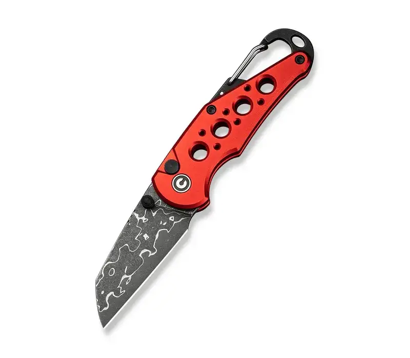 Civivi Pragma, Red Aluminum Handle with Carabiner & Bottle Opener, Damascus Steel