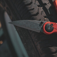 CIVIVI Starflare Button Lock, Red Aluminum, Damascus Steel