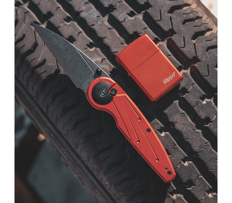 CIVIVI Starflare Button Lock, Red Aluminum, Damascus Steel