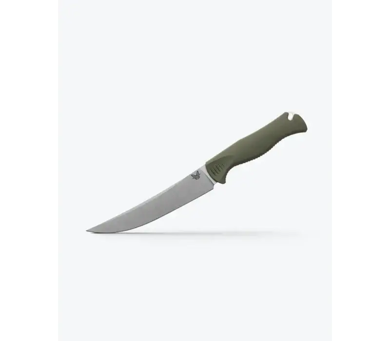 Benchmade, 6" Meatcrafter, boning knife with Dark Olive Santoprene handle and a trailing point CPM 154 powder steel blade