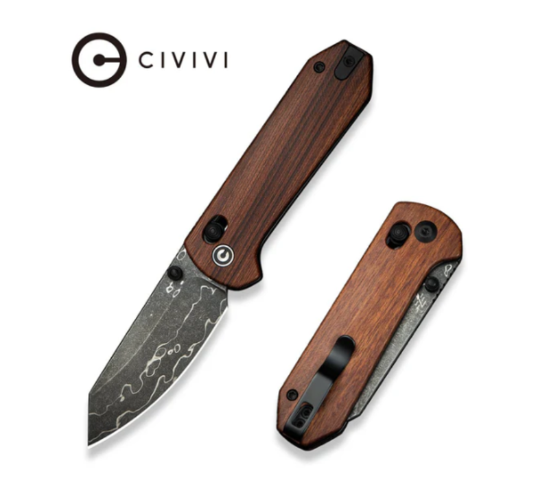 Civivi, Yonder Thumb Stud & Crossbar Lock, Wood Handle, Damascus