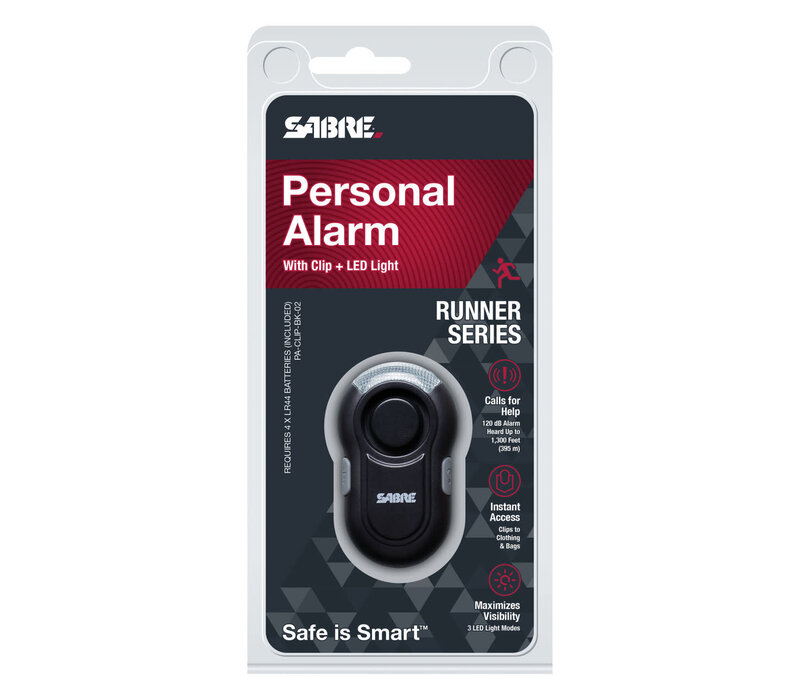 Sabre, Personal Alarm with Clip & LED Light, Black