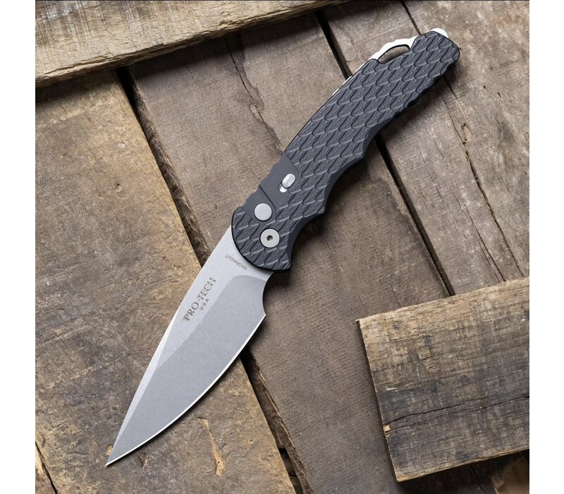 Pro-Tech, Tactical Response 4, Saber Grind Auto, Secondary Safety, Glass Breaker, feather texture, stonewash MAGNACUT steel