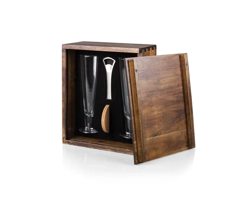 Picnic Time, Legacy, Pilsner Beer Glass Gift Set, Acacia Wood
