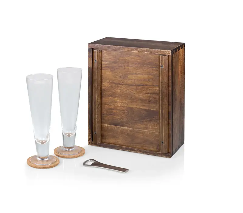 Picnic Time, Legacy, Pilsner Beer Glass Gift Set, Acacia Wood