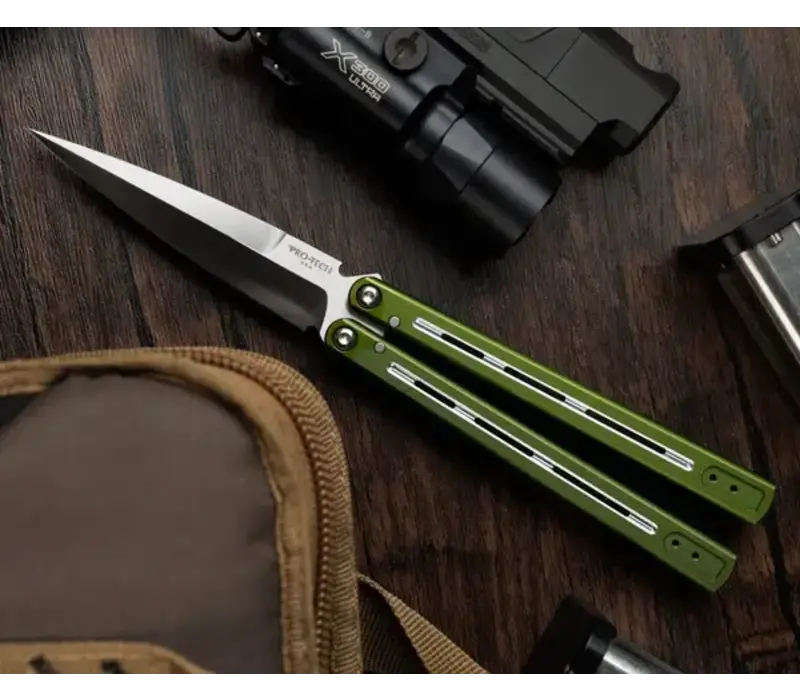 Pro-Tech - Flyfather Balisong, Green Aluminum Handle, 154CM Steel