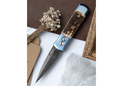 Pro-Tech Knives, LLC Pro-Tech - Godson Custom, Titanium Handle W Mammoth Bark Inlay, Nichols Virus Damascus