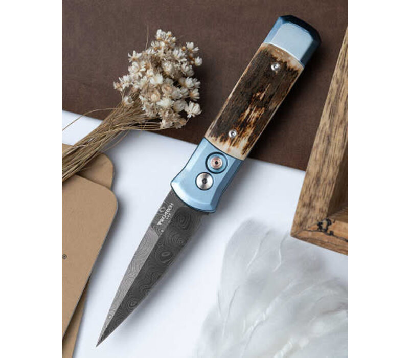 Pro-Tech - Godson Custom, Titanium Handle W Mammoth Bark Inlay, Nichols Virus Damascus