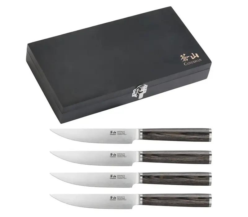 Cangshan 4Pc Pakkawood Steak Knife Set in Wooden Chest, German Stainless