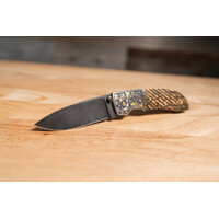 Johnny Stout - Front Pocket Folder, Feather Damascus, Fluted Mammoth Ivory, Engraved by Shane Carter