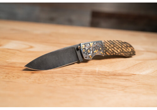 Johnny Stout Johnny Stout - Front Pocket Folder, Feather Damascus, Fluted Mammoth Ivory, Engraved by Shane Carter