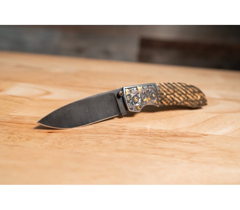 Johnny Stout - Front Pocket Folder, Feather Damascus, Fluted Mammoth Ivory, Engraved by Shane Carter