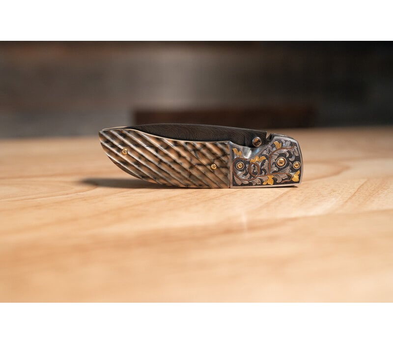 Johnny Stout - Front Pocket Folder, Feather Damascus, Fluted Mammoth Ivory, Engraved by Shane Carter