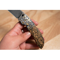 Johnny Stout - Front Pocket Folder, Feather Damascus, Fluted Mammoth Ivory, Engraved by Shane Carter
