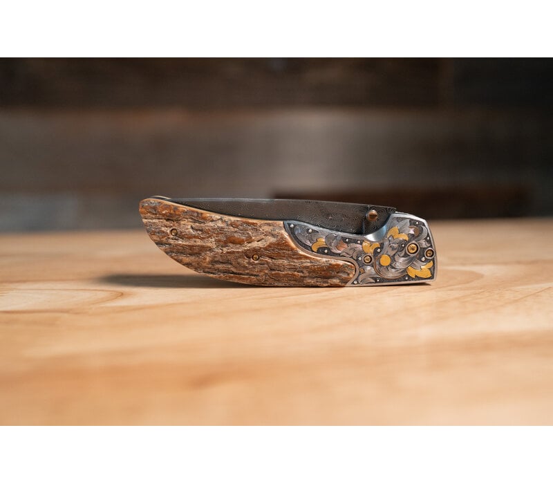 Johnny Stout - Compadre Folder, Turkish Twist Damascus, Mammoth Ivory, Hand engraved by Dale Bass