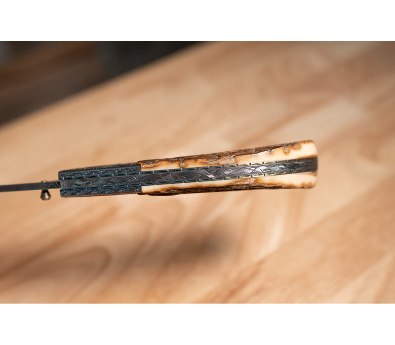 Johnny Stout - Compadre Folder, Turkish Twist Damascus, Mammoth Ivory, Hand engraved by Dale Bass