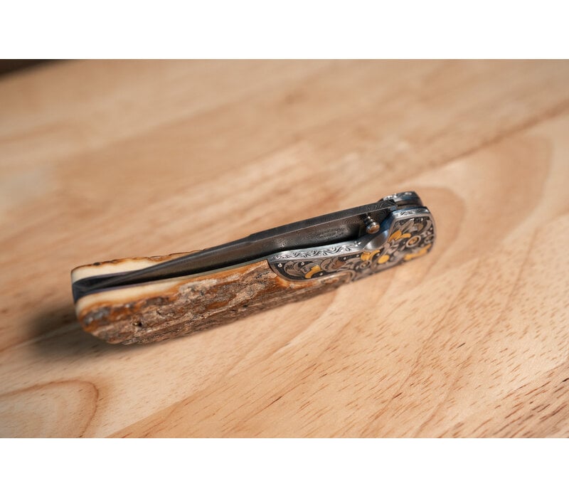 Johnny Stout - Compadre Folder, Turkish Twist Damascus, Mammoth Ivory, Hand engraved by Dale Bass