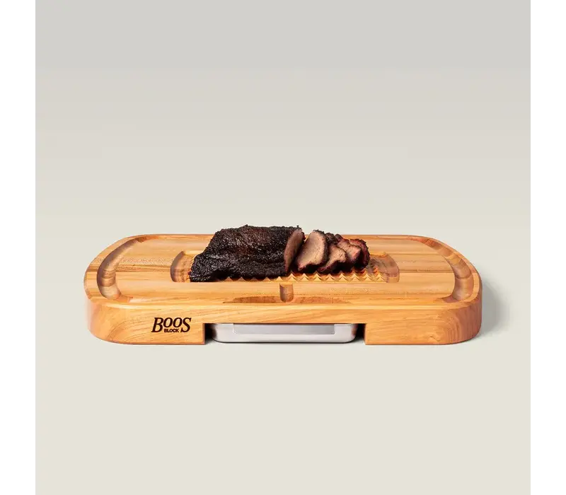 John Boos, Maple Ultimate Carving Board with Sloped Juice Groove, Stabilizing Design, Stainless Steel Pan