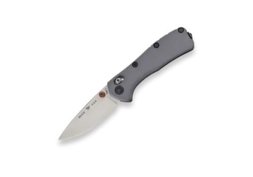 Buck Buck Mini Range Elite with a gray aluminum handle and CPM Magnacut blade