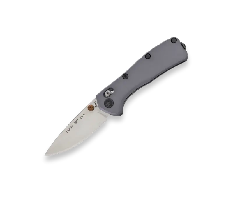 Buck Mini Range Elite with a gray aluminum handle and CPM Magnacut blade
