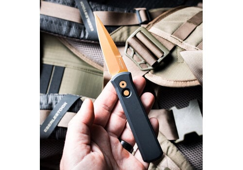 Pro-Tech Knives, LLC Pro-Tech - Godson, Black Aluminum Handle, Tan PVD Blade, 154CM Steel