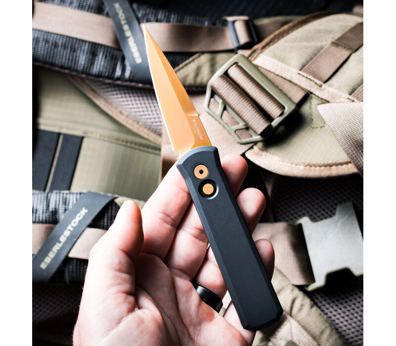 Pro-Tech - Godson, Black Aluminum Handle, Tan PVD Blade, 154CM Steel