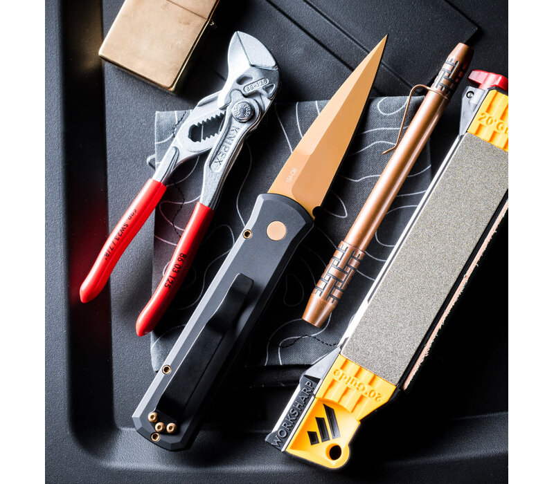 Pro-Tech - Godson, Black Aluminum Handle, Tan PVD Blade, 154CM Steel