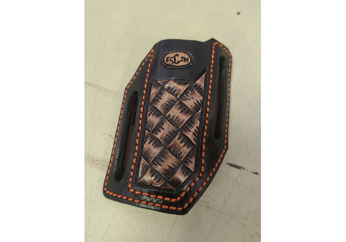 ECLJM Tooled ECLJM Trapper Sheath Black/Tan Angled Carry, Orange Stitch, Square Basket Weave