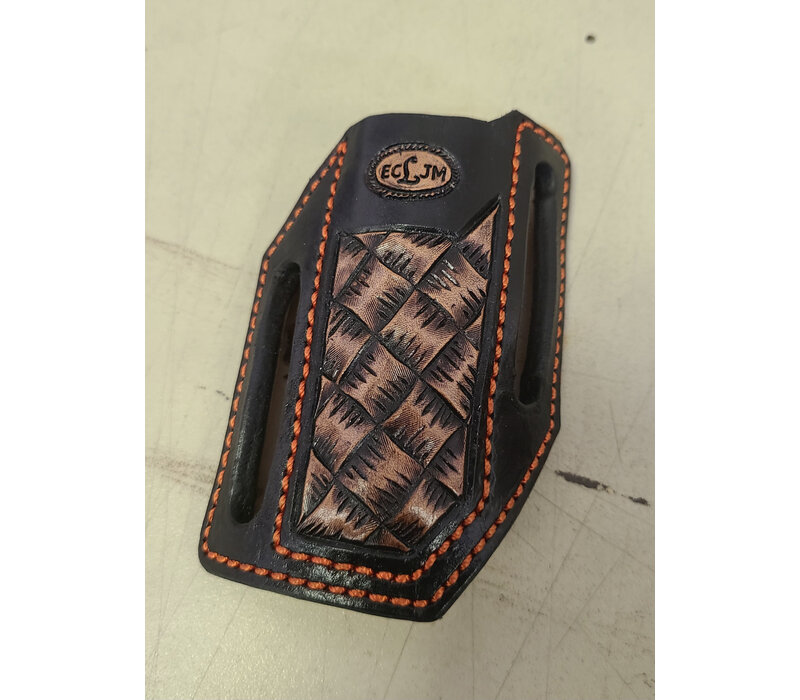 Tooled ECLJM Trapper Sheath Black/Tan Angled Carry, Orange Stitch, Square Basket Weave